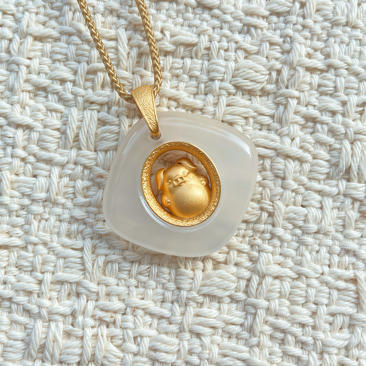 Pig Birth Animal Pendant – Protect Your True Self – Natural Jade Gold Plated – Adjustable Cord