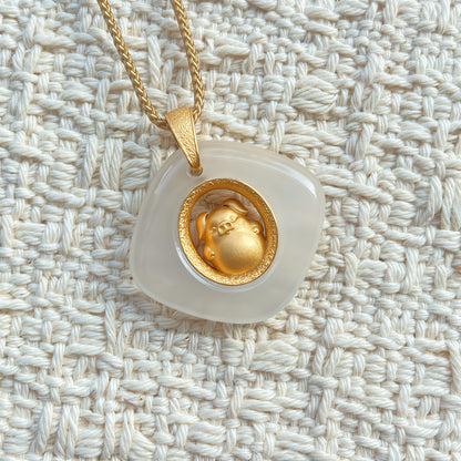Pig Birth Animal Pendant – Protect Your True Self – Natural Jade Gold Plated – Adjustable Cord
