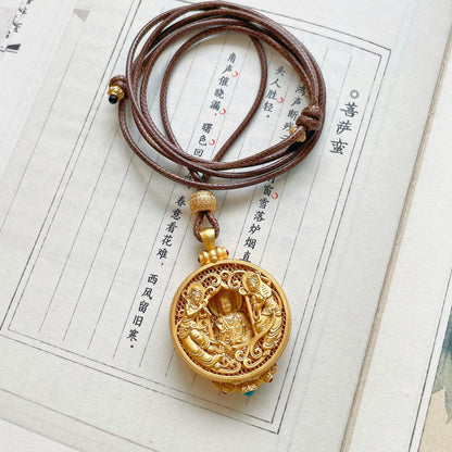 Handcrafted Silver Gold-Plated Dunhuang Flying Apsaras Guanyin Pendant · Openwork Carved Design · Adjustable Brown Cord