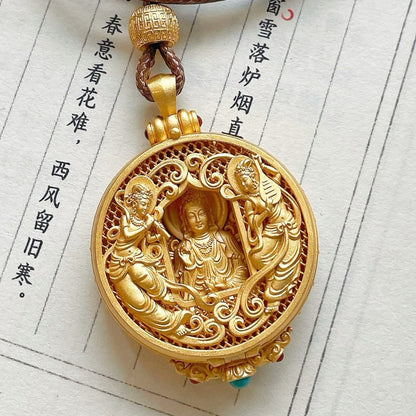Handcrafted Silver Gold-Plated Dunhuang Flying Apsaras Guanyin Pendant · Openwork Carved Design · Adjustable Brown Cord