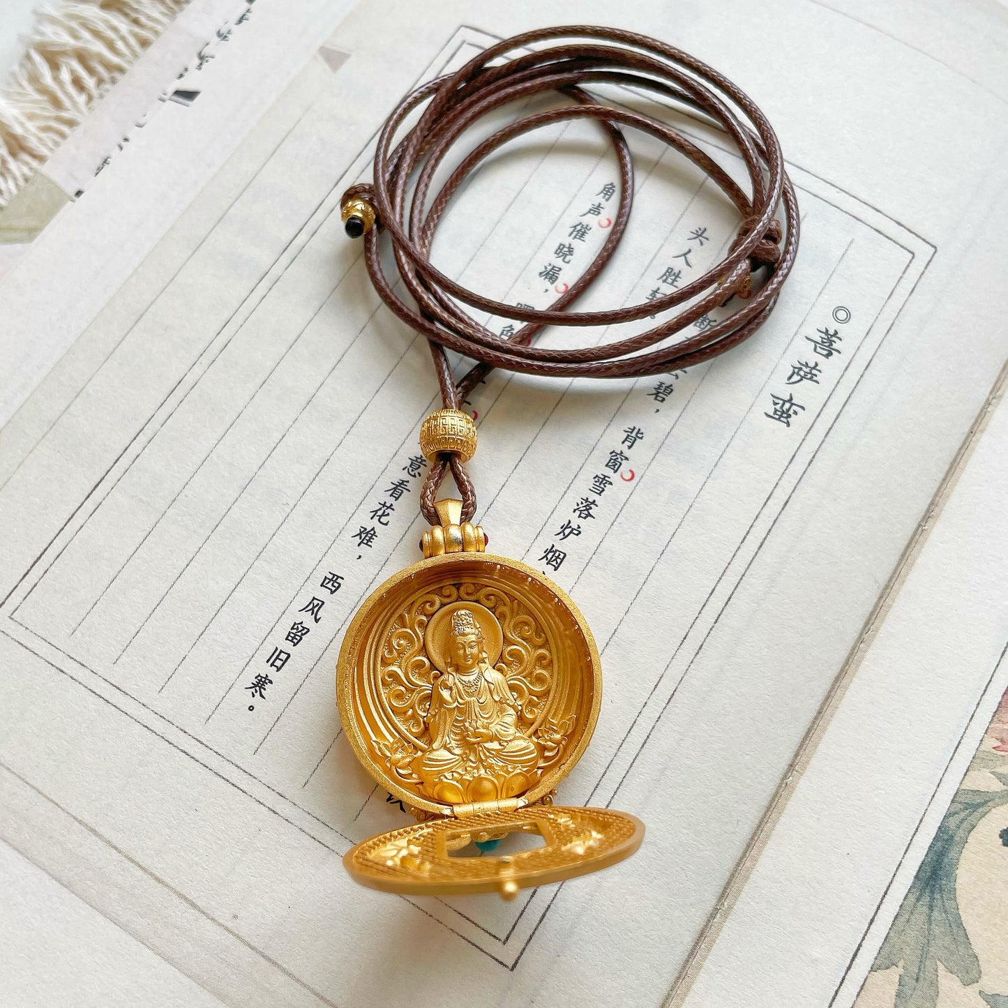 Handcrafted Silver Gold-Plated Dunhuang Flying Apsaras Guanyin Pendant · Openwork Carved Design · Adjustable Brown Cord