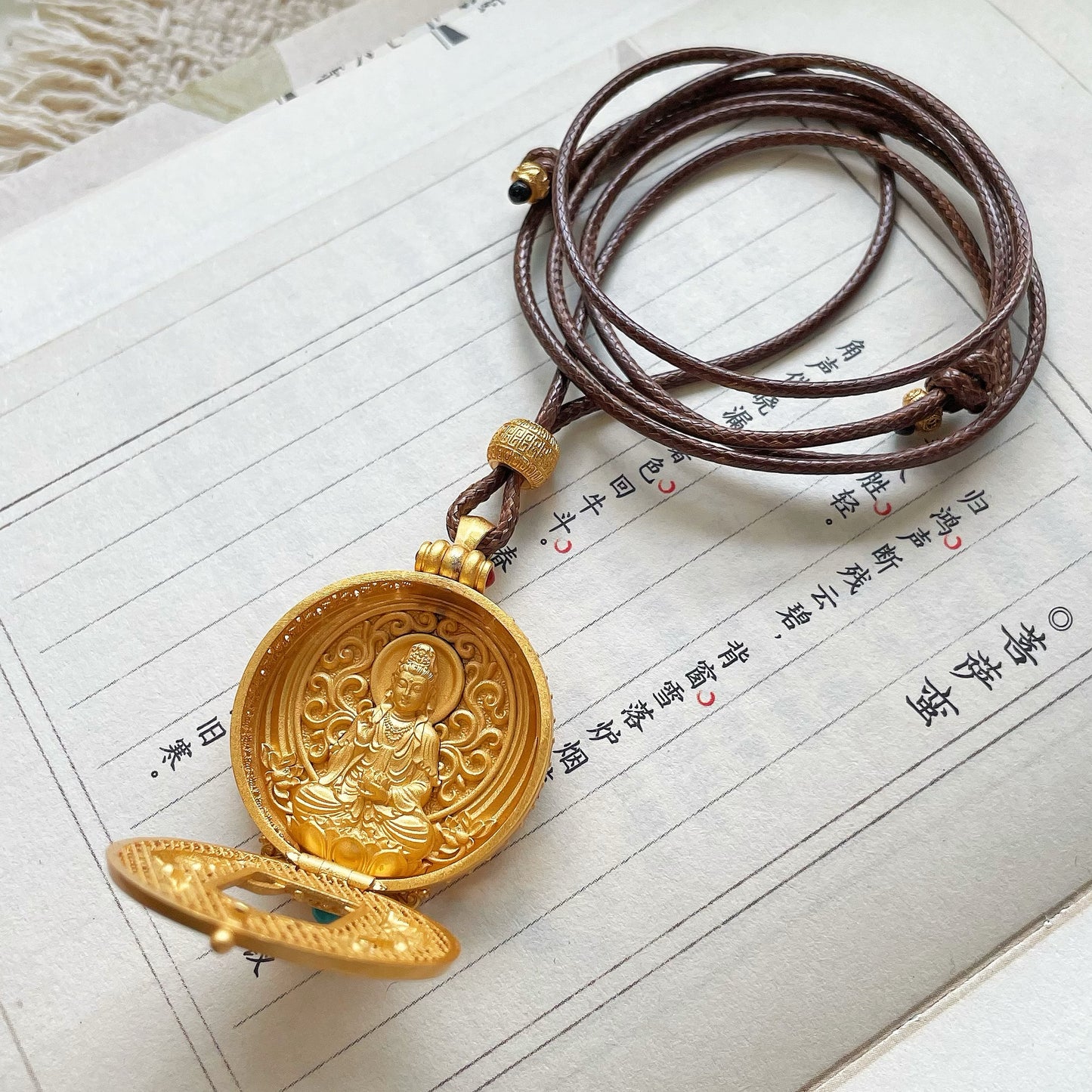 Handcrafted Silver Gold-Plated Dunhuang Flying Apsaras Guanyin Pendant · Openwork Carved Design · Adjustable Brown Cord
