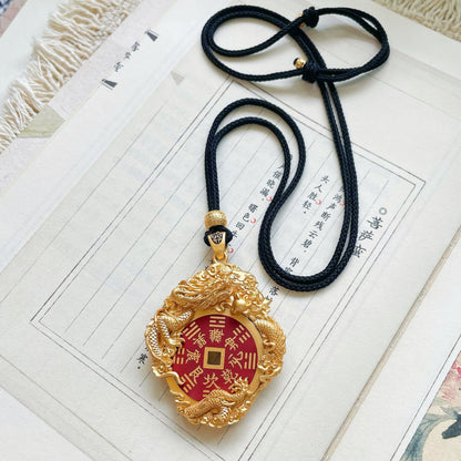 Handcrafted Shan Gui Dragon & Tiger Coin Pendant | Copper Gold-Plated | Adjustable Black Cord | Traditional Chinese Feng Shui Talisman