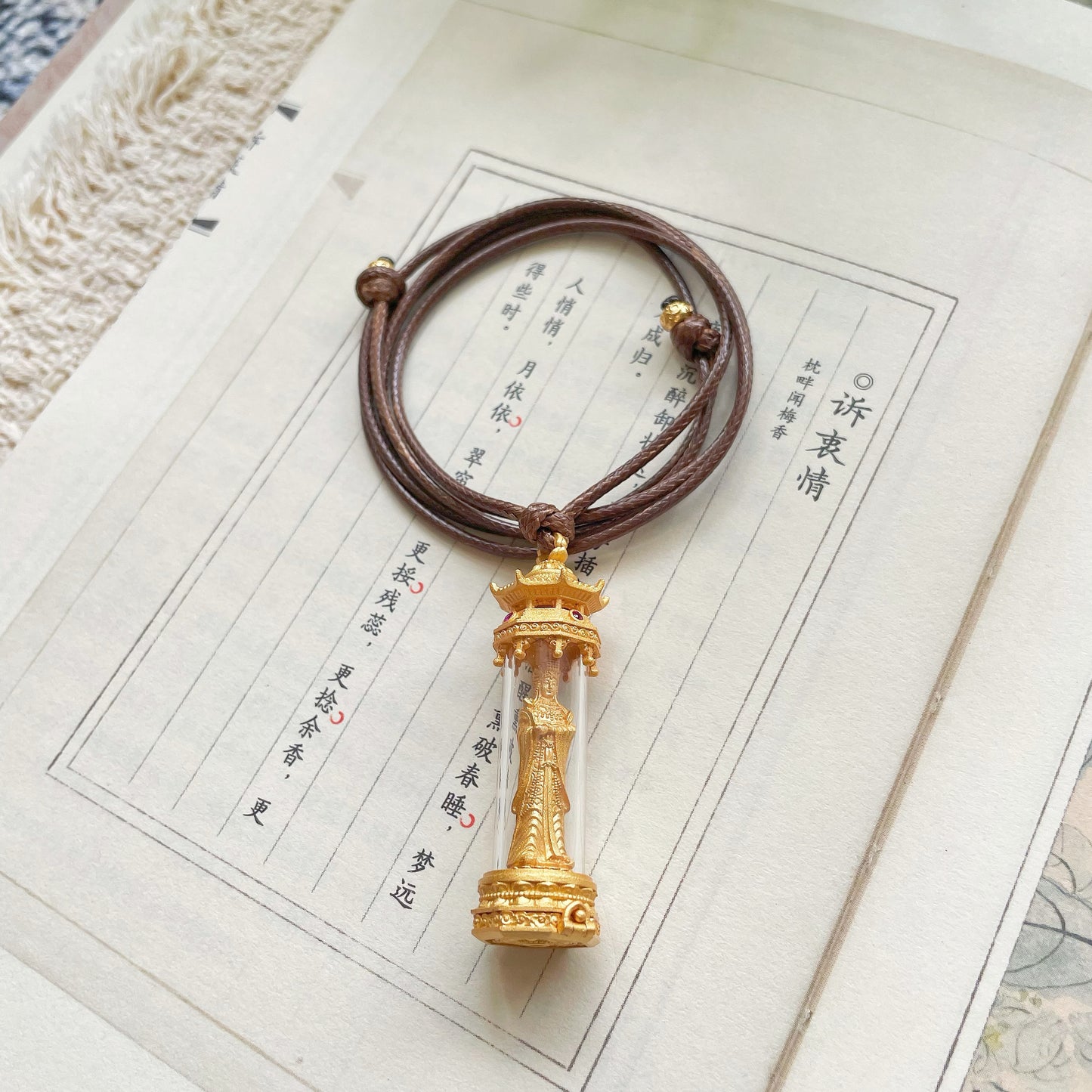 Original Handcrafted Silver Gold-Plated Glass Mazu Pendant with Magnetic Open-Close Design · Adjustable Black Rope Chain