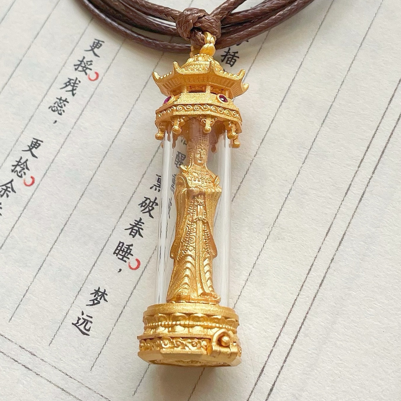 Original Handcrafted Silver Gold-Plated Glass Mazu Pendant with Magnetic Open-Close Design · Adjustable Black Rope Chain