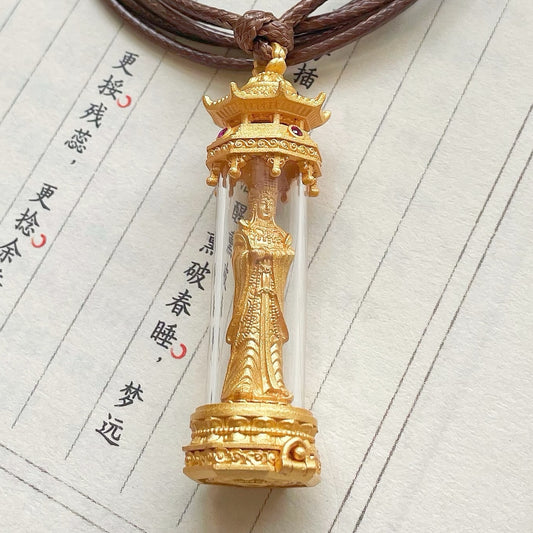 Original Handcrafted Silver Gold-Plated Glass Mazu Pendant with Magnetic Open-Close Design · Adjustable Black Rope Chain