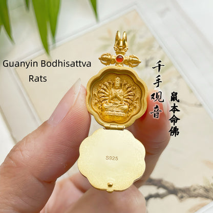 Natural Jade Lotus 925 Sterling Silver Gold-Plated Zodiac Guardian Pendant