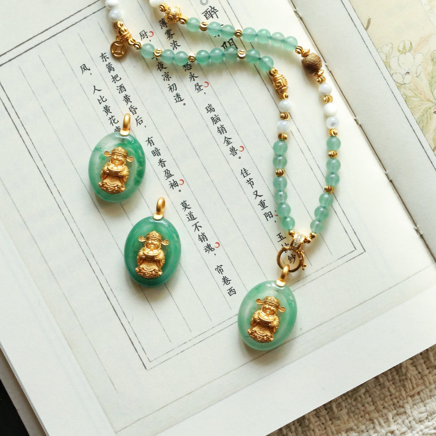 Handcrafted Natural Jade Copper-Gilt Wealth God Chinese Style Pendant