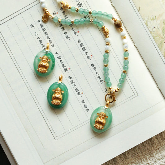 Handcrafted Natural Jade Copper-Gilt Wealth God Chinese Style Pendant
