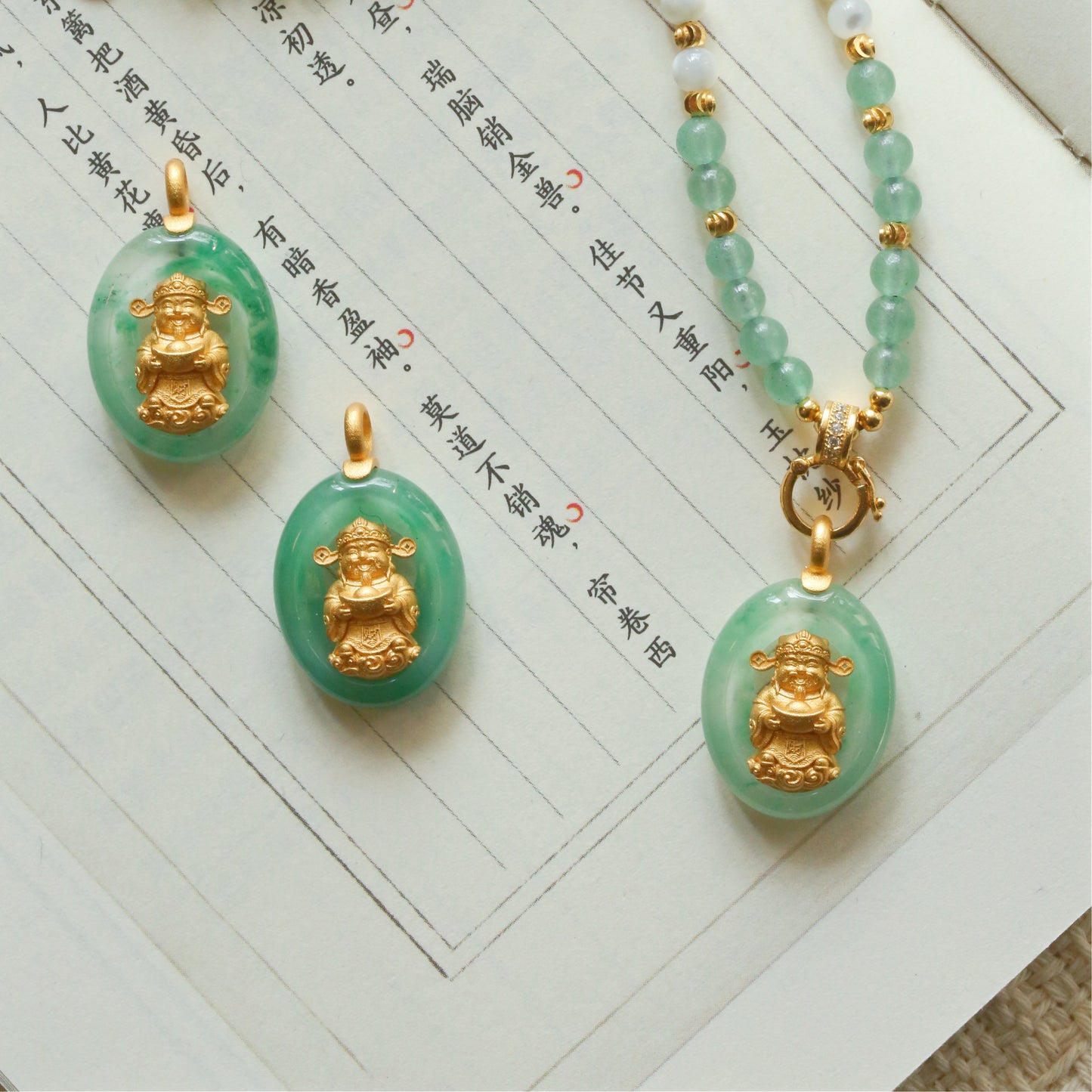 Handcrafted Natural Jade Copper-Gilt Wealth God Chinese Style Pendant