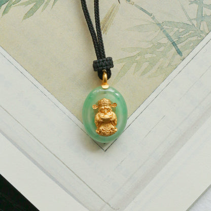 Handcrafted Natural Jade Copper-Gilt Wealth God Chinese Style Pendant