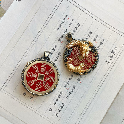 Original Design Handcrafted Copper-Gilt Dragon Tiger Shan Gui Amulet Coin Pendant