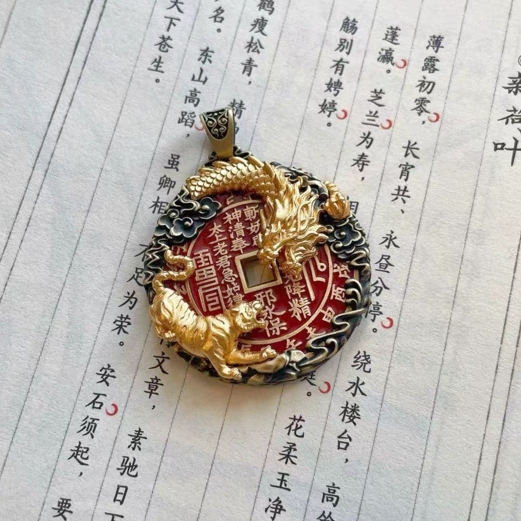 Original Design Handcrafted Copper-Gilt Dragon Tiger Shan Gui Amulet Coin Pendant
