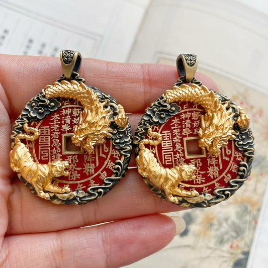 Original Design Handcrafted Copper-Gilt Dragon Tiger Shan Gui Amulet Coin Pendant