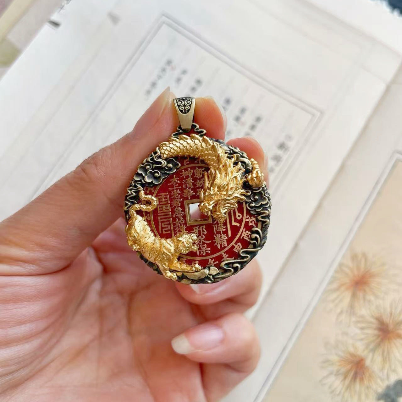 Original Design Handcrafted Copper-Gilt Dragon Tiger Shan Gui Amulet Coin Pendant