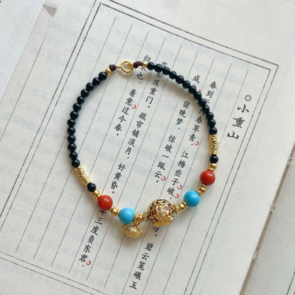 Handmade Woven Cloisonné Zhao Gongming Fortune-Bead Bracelet with Natural Stone Beads