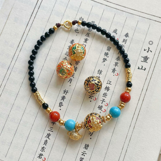 Handmade Woven Cloisonné Zhao Gongming Fortune-Bead Bracelet with Natural Stone Beads