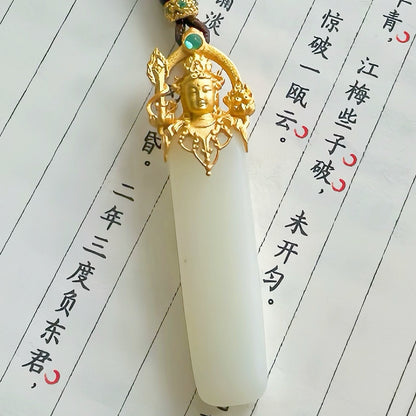 Original Design Natural Jade 925 Sterling Silver Gold-Plated Goddess of Wisdom Pendant
