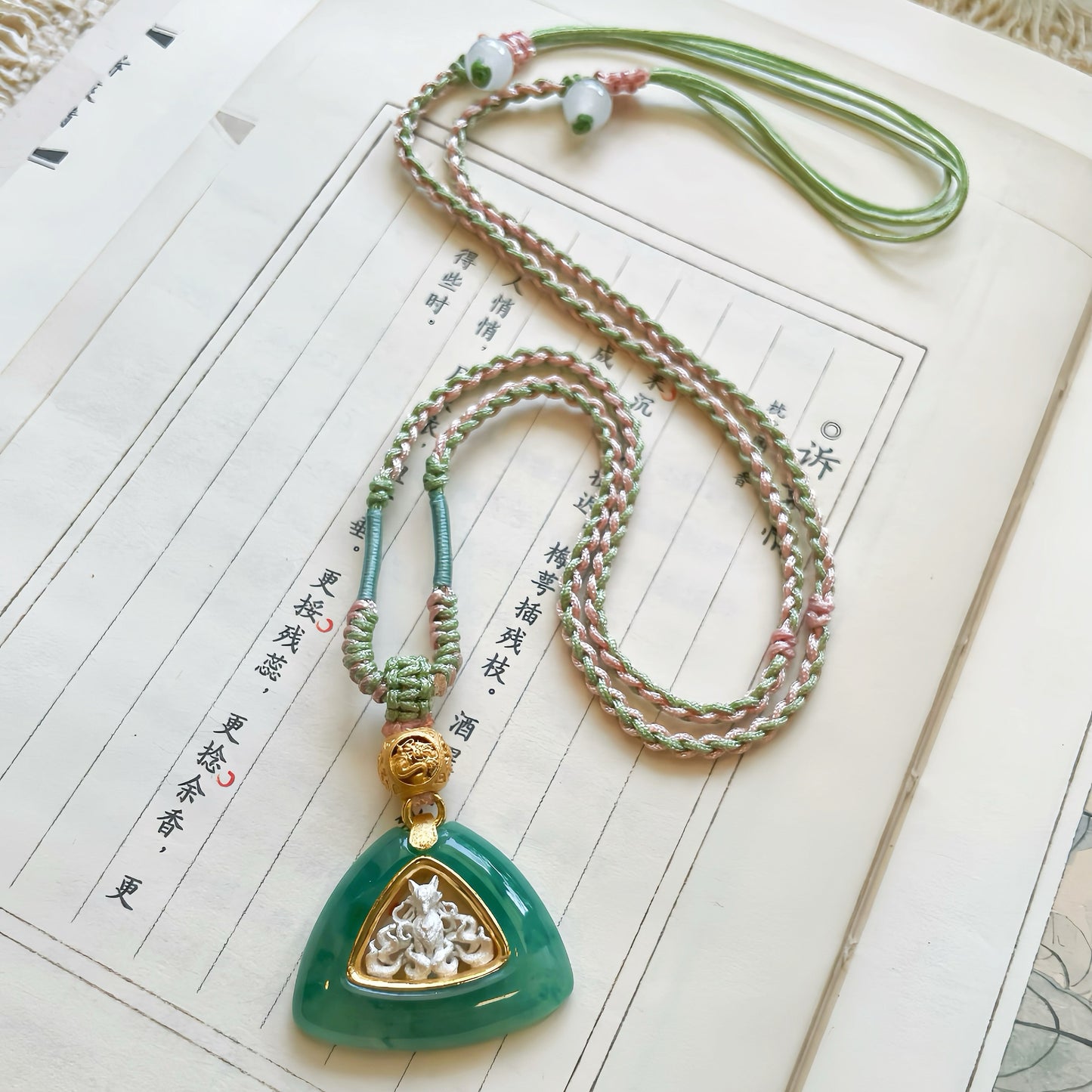 Handmade Triangle Natural Green Jade 925 Sterling Silver Nine-Tailed Fox Pendant