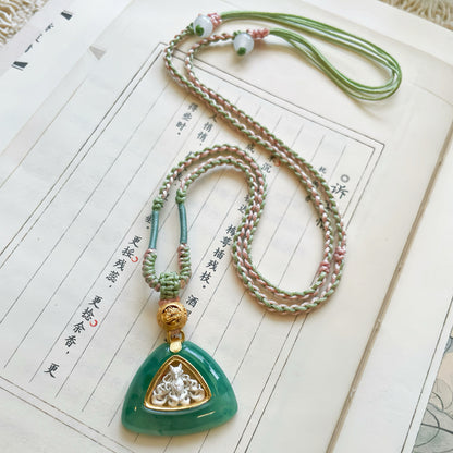 Handmade Triangle Natural Green Jade 925 Sterling Silver Nine-Tailed Fox Pendant