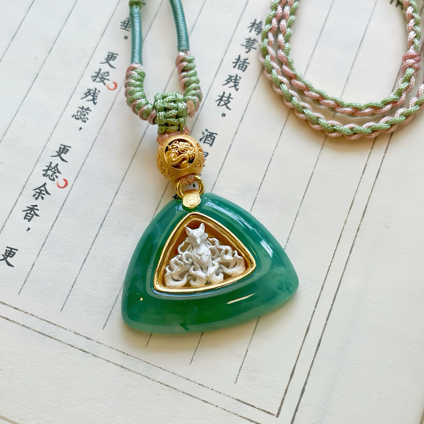 Handmade Triangle Natural Green Jade 925 Sterling Silver Nine-Tailed Fox Pendant