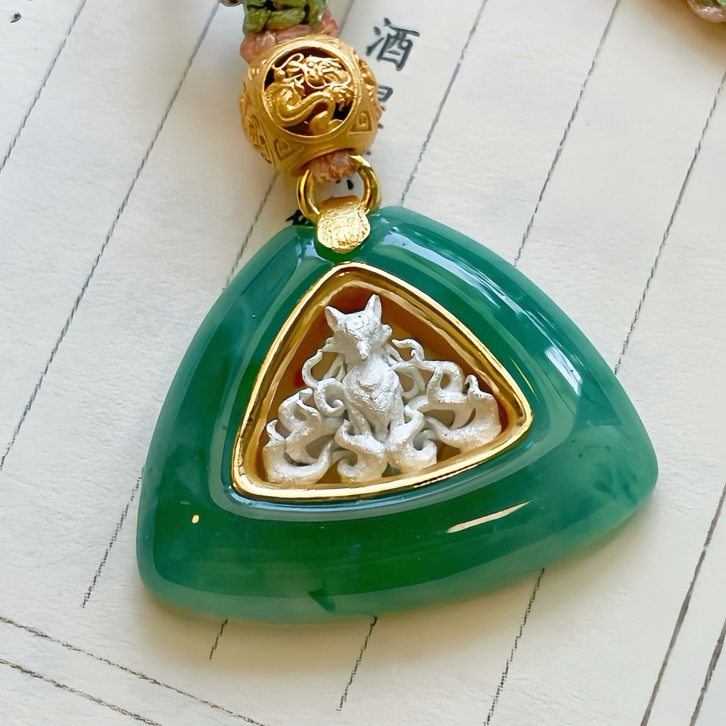 Handmade Triangle Natural Green Jade 925 Sterling Silver Nine-Tailed Fox Pendant