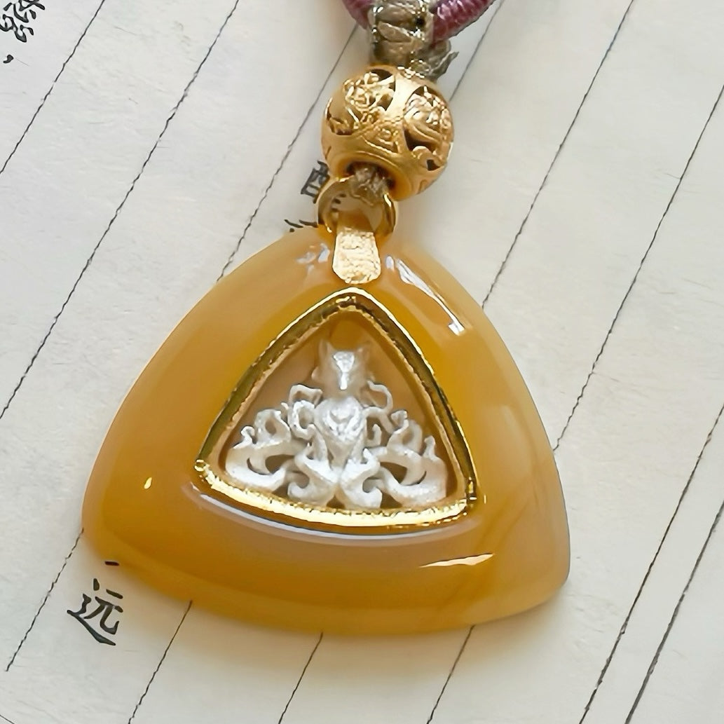 Handmade Triangle Natural Jade 925 Sterling Silver Nine-Tailed Fox Pendant