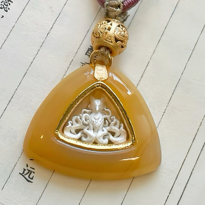 Handmade Triangle Natural Jade 925 Sterling Silver Nine-Tailed Fox Pendant