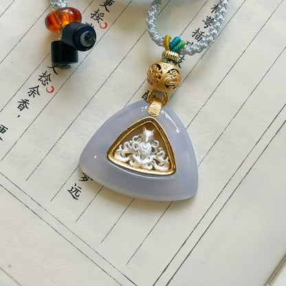Handmade Triangle Natural Jade 925 Sterling Silver Nine-Tailed Fox Pendant