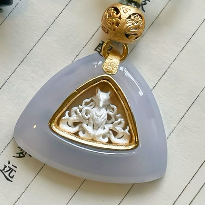 Handmade Triangle Natural Jade 925 Sterling Silver Nine-Tailed Fox Pendant