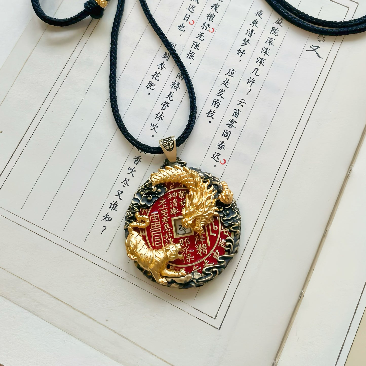 Original Design Handcrafted Copper-Gilt Dragon Tiger Shan Gui Amulet Coin Pendant