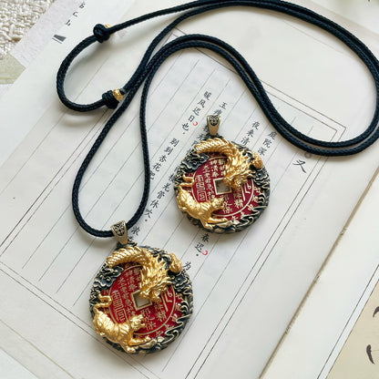 Original Design Handcrafted Copper-Gilt Dragon Tiger Shan Gui Amulet Coin Pendant