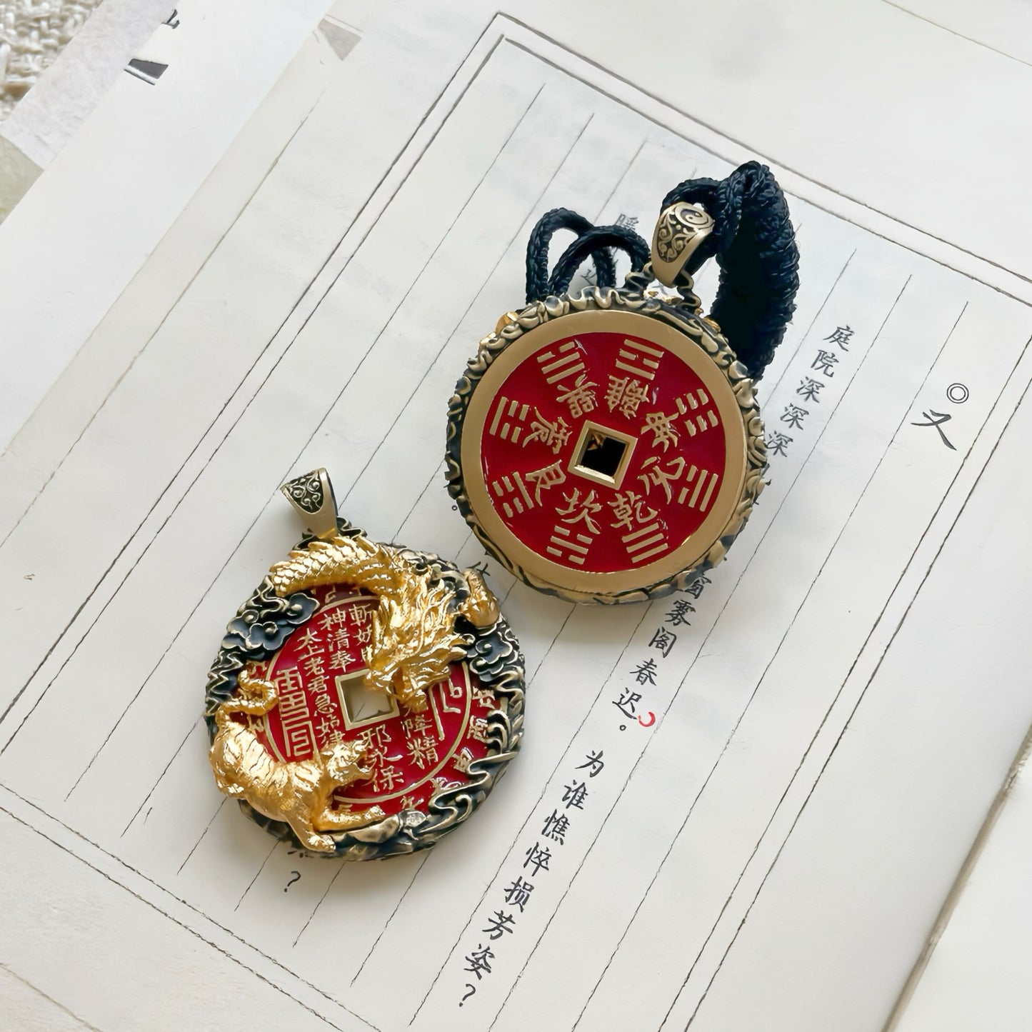Original Design Handcrafted Copper-Gilt Dragon Tiger Shan Gui Amulet Coin Pendant