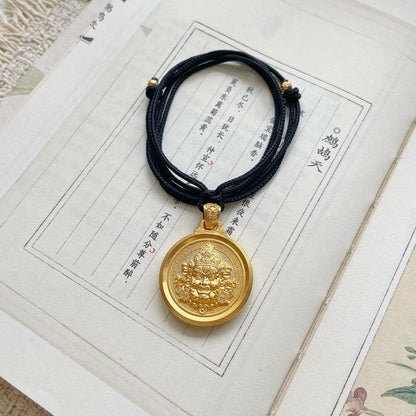 Handcrafted NaturalJade Double-Sided Pendant | 18K Gold-Plated Copper Tibetan Wealth God | Adjustable Brown Cord