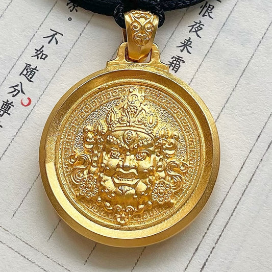 Handcrafted NaturalJade Double-Sided Pendant | 18K Gold-Plated Copper Tibetan Wealth God | Adjustable Brown Cord