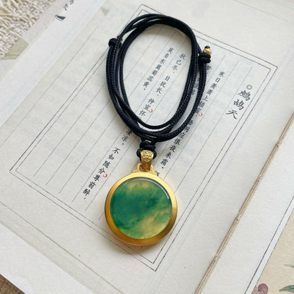 Handcrafted NaturalJade Double-Sided Pendant | 18K Gold-Plated Copper Tibetan Wealth God | Adjustable Brown Cord