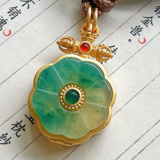 Natural Jade Lotus 925 Sterling Silver Gold-Plated Zodiac Guardian Pendant