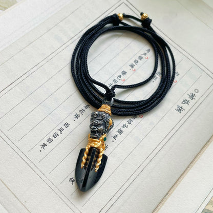 Handcrafted Natural Jade Buddha & Demon Pendant | Silver | Adjustable Black Cord