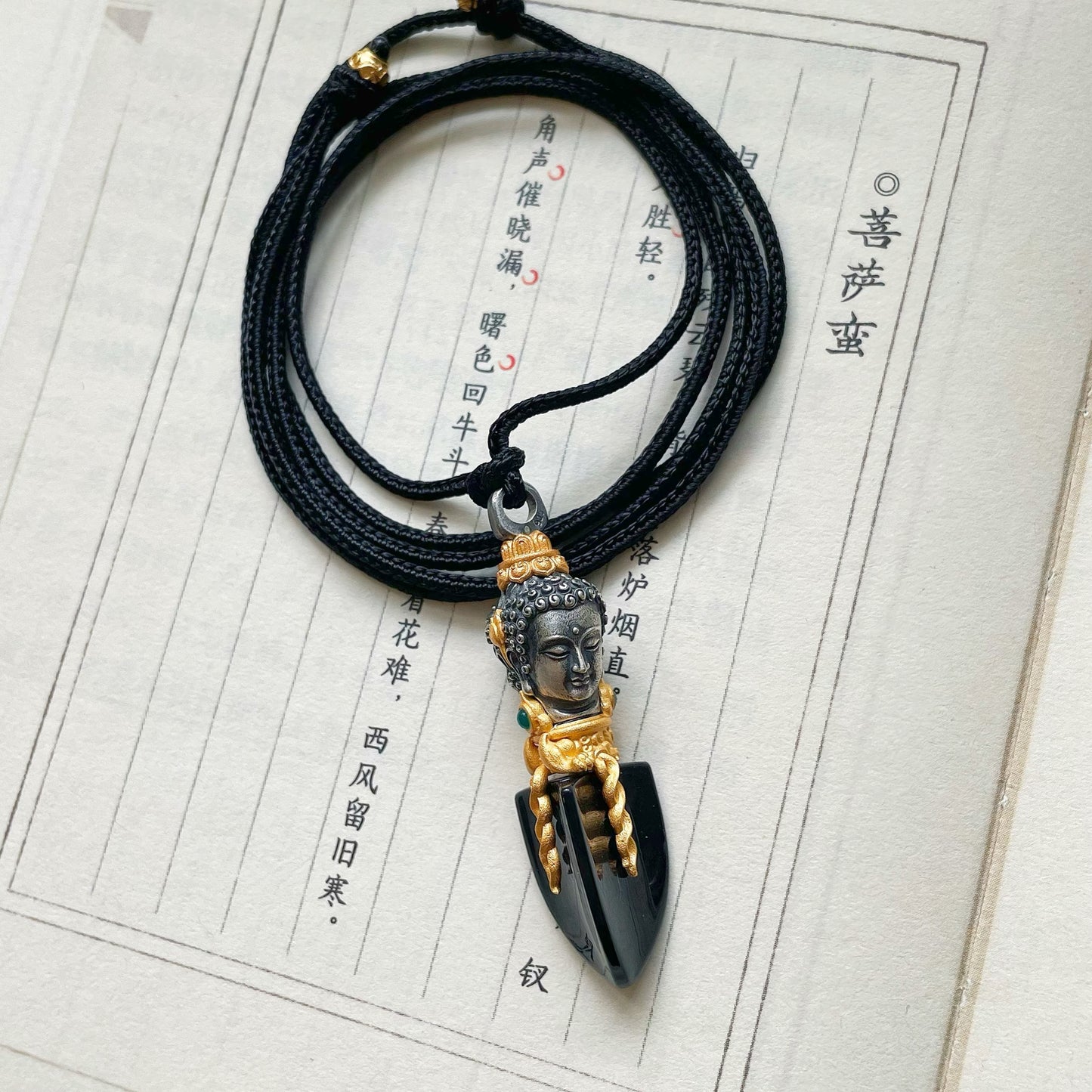 Handcrafted Natural Jade Buddha & Demon Pendant | Silver | Adjustable Black Cord
