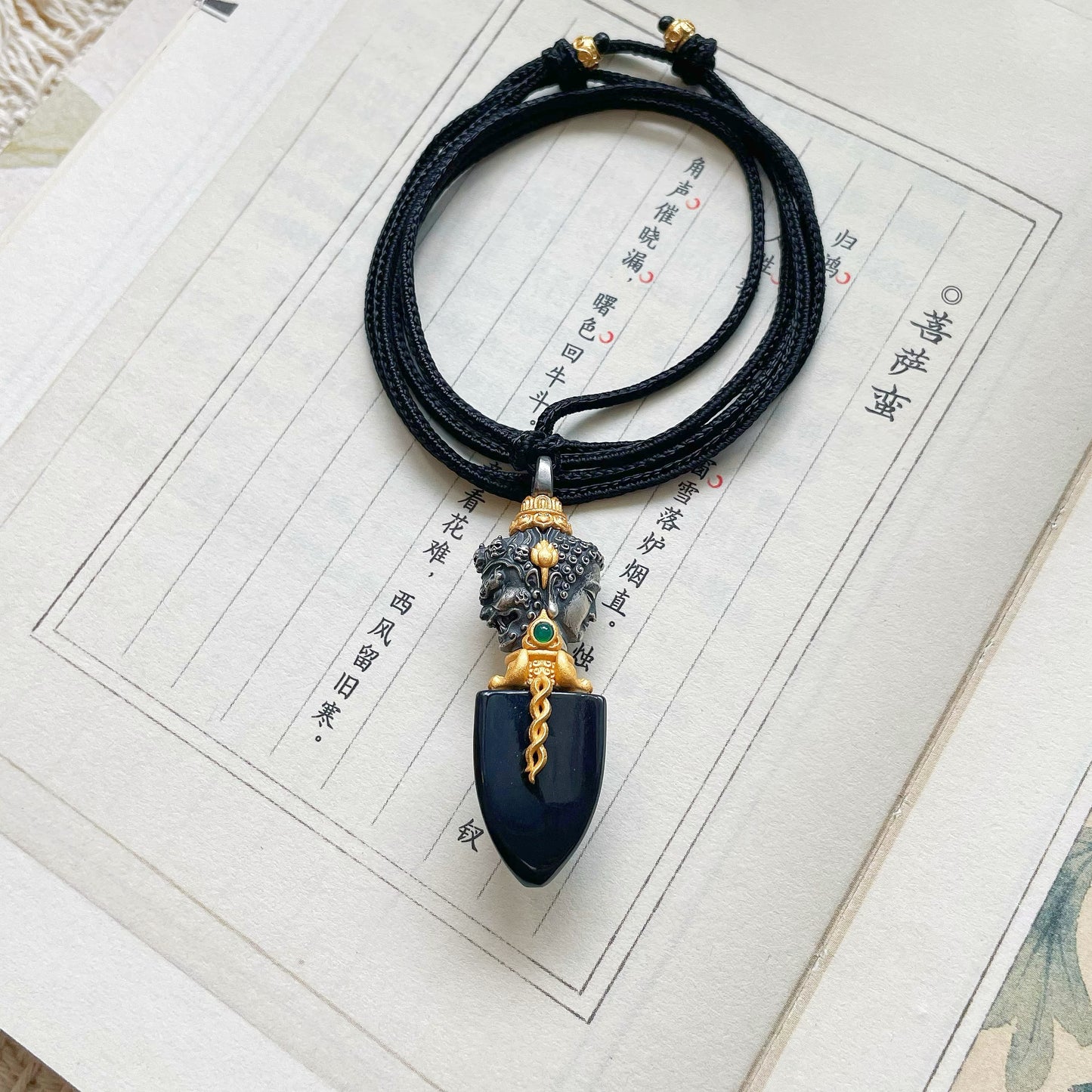 Handcrafted Natural Jade Buddha & Demon Pendant | Silver | Adjustable Black Cord