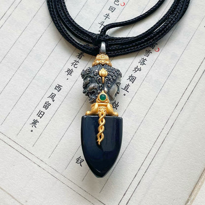 Handcrafted Natural Jade Buddha & Demon Pendant | Silver | Adjustable Black Cord