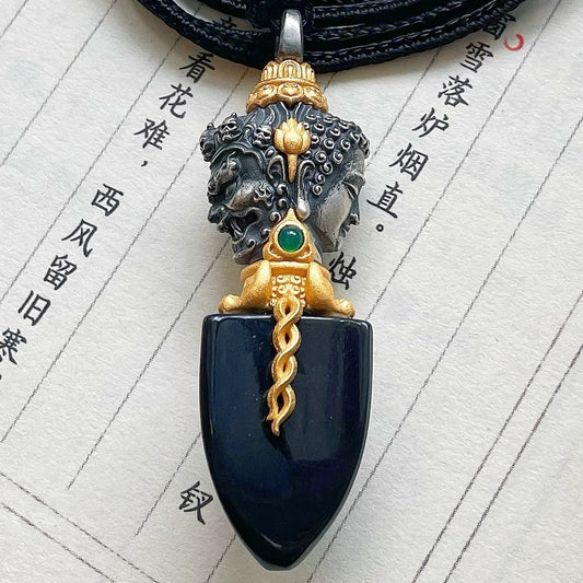 Handcrafted Natural Jade Buddha & Demon Pendant | Silver | Adjustable Black Cord