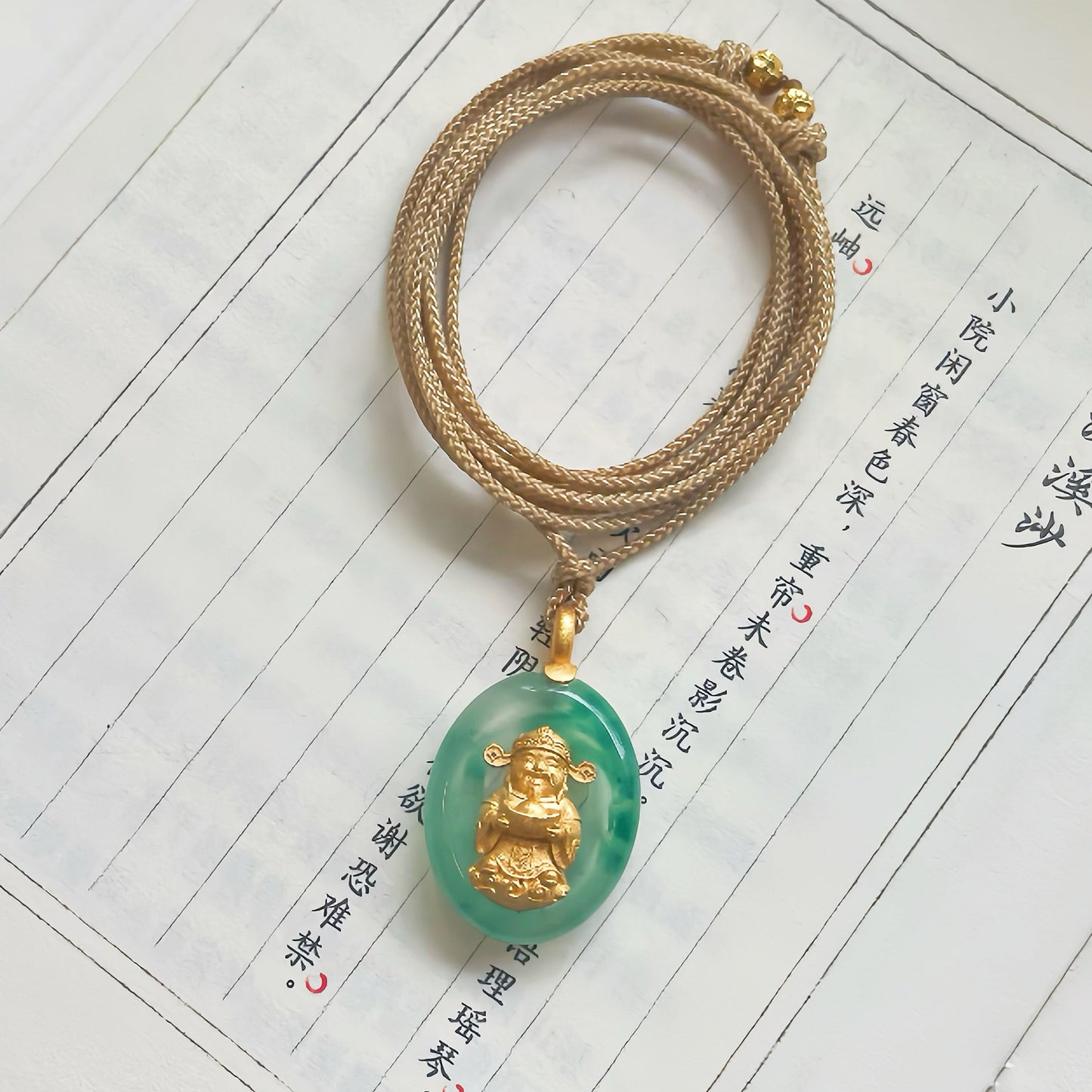 Handcrafted Natural Jade Copper-Gilt Wealth God Chinese Style Pendant
