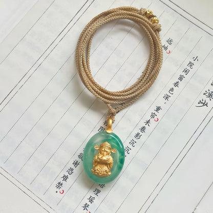 Handcrafted Natural Jade Copper-Gilt Wealth God Chinese Style Pendant
