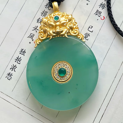 Handcrafted Natural Green Jade Round Pendant with Gilded Brass Lion Head · Adjustable Black Rope Chain · Original Design