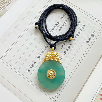 Handcrafted Natural Green Jade Round Pendant with Gilded Brass Lion Head · Adjustable Black Rope Chain · Original Design