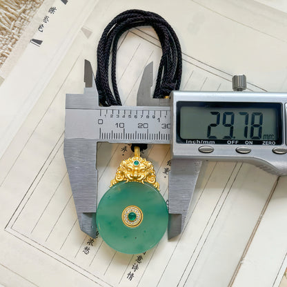 Handcrafted Natural Green Jade Round Pendant with Gilded Brass Lion Head · Adjustable Black Rope Chain · Original Design