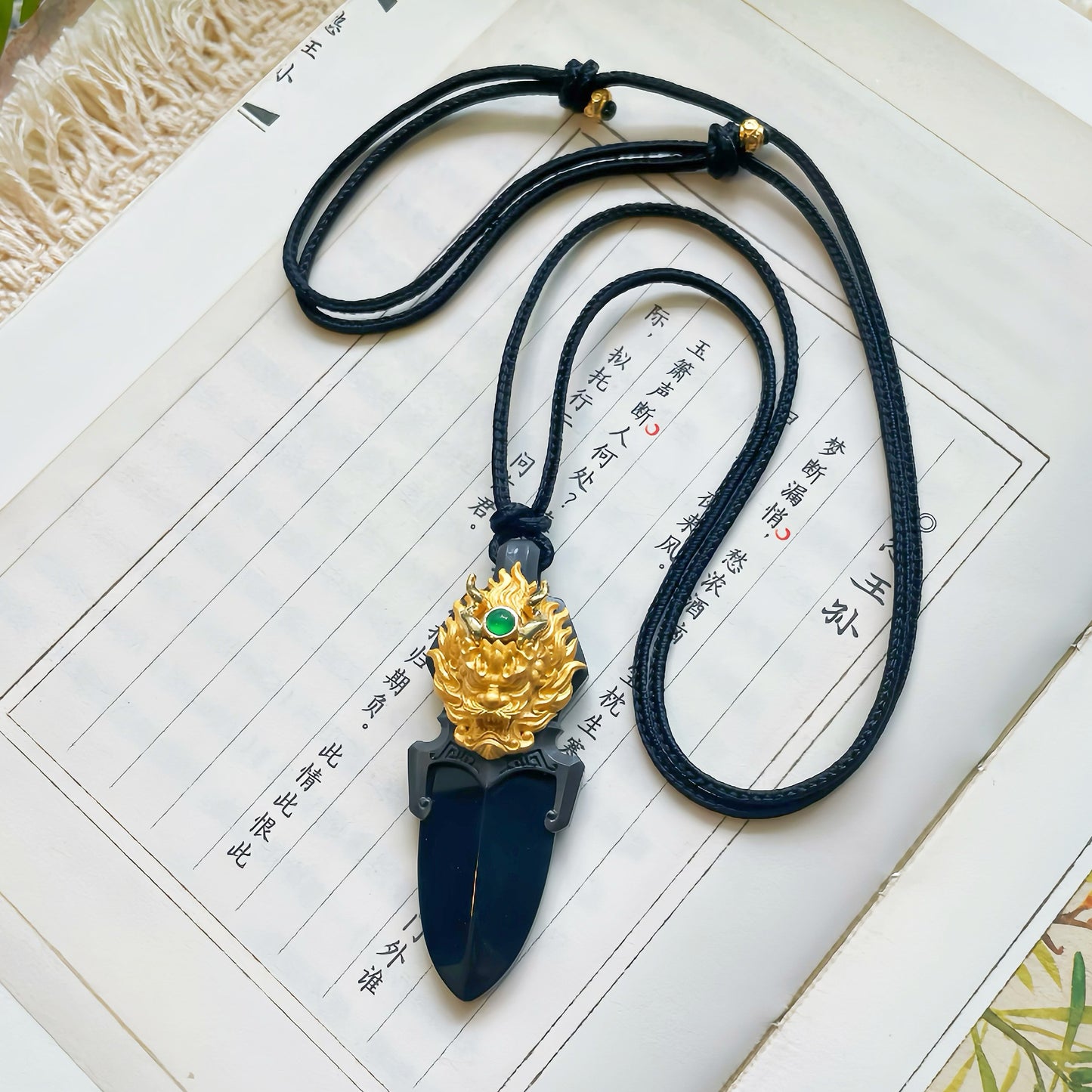 Original Natural Jade Gold-Plated Copper Dragon Dagger Pendant