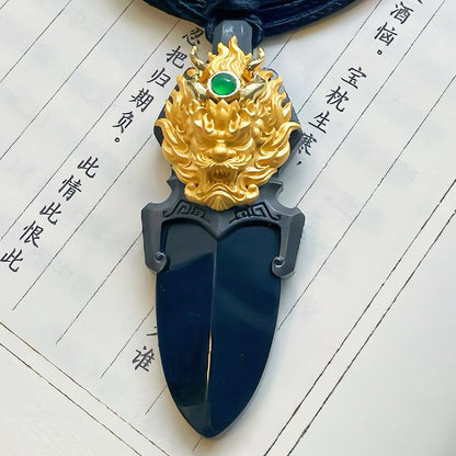 Original Natural Jade Gold-Plated Copper Dragon Dagger Pendant