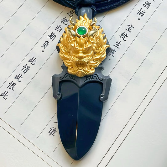 Original Natural Jade Gold-Plated Copper Dragon Dagger Pendant